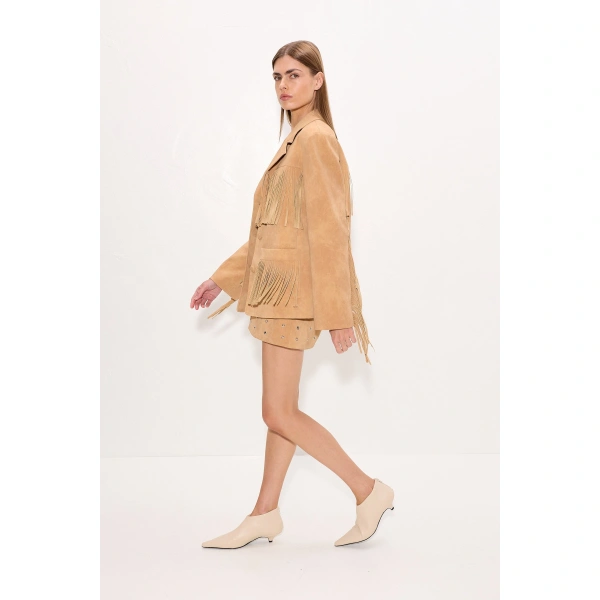 Simon Miller Mabel Vegan Leather Fringe Jacket in Sand | Jackets | Coveti