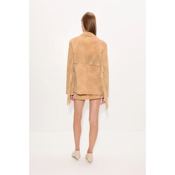 Simon Miller Mabel Vegan Leather Fringe Jacket in Sand | Jackets | Coveti