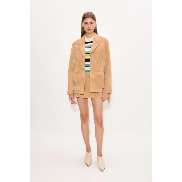 Simon Miller Mabel Vegan Leather Fringe Jacket in Sand | Jackets | Coveti