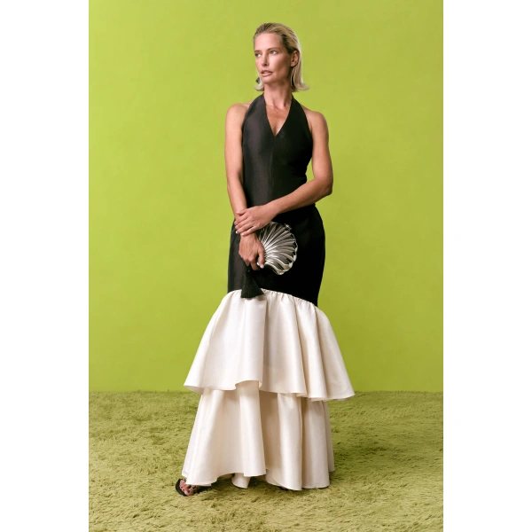 Simon Miller Magnolia Taffeta Halter Dress in Black and Bone | Maxi Dresses | Coveti