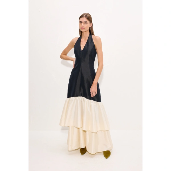 Simon Miller Magnolia Taffeta Halter Dress in Black and Bone | Maxi Dresses | Coveti