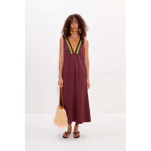 Simon Miller Mar Crochet Poplin Dress in Choco Brown | Maxi Dresses | Coveti