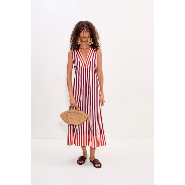 Simon Miller Mar Poplin Dress in Bordeaux Stripe Combo | Midi Dresses | Coveti