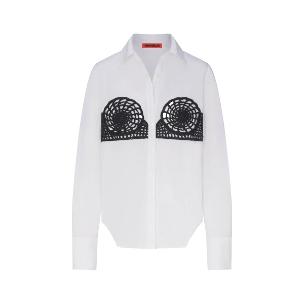 Maren Poplin Crochet Button Up in Macadamia