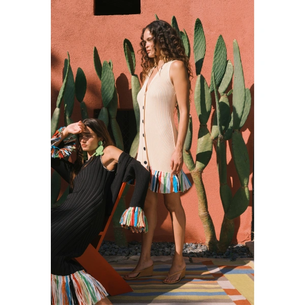 Simon Miller Maven Knit Fringe Mini Dress in Ecru Multi | Mini Dresses | Coveti