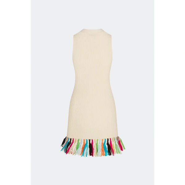 Simon Miller Maven Knit Fringe Mini Dress in Ecru Multi | Mini Dresses | Coveti