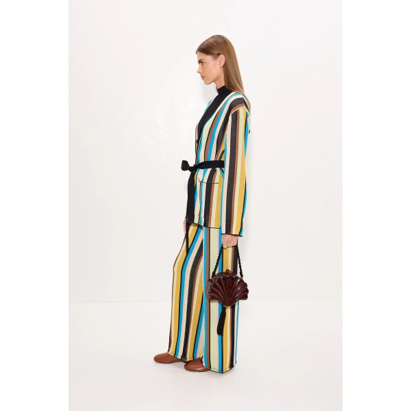 Simon Miller Max Belted Knit Cardigan in Ocean Stripe | Cardigans | Coveti