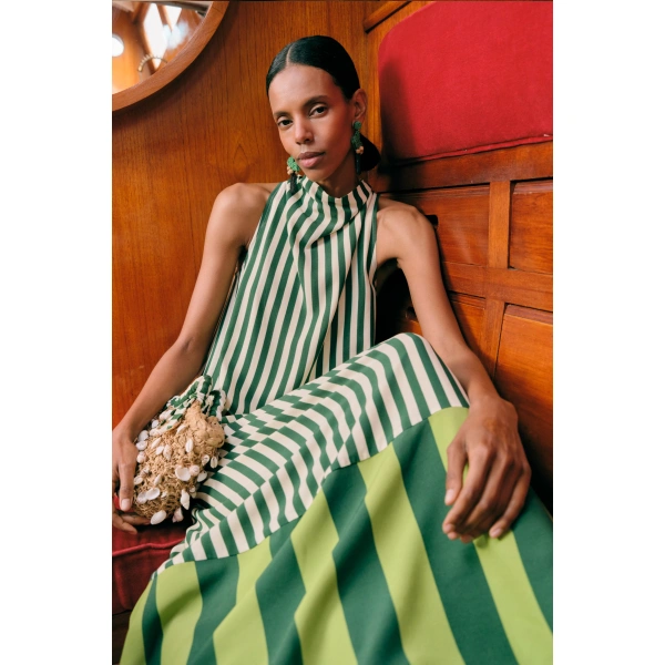 Simon Miller Mona Crepe Dress in Green Stripe Combo | Maxi Dresses | Coveti