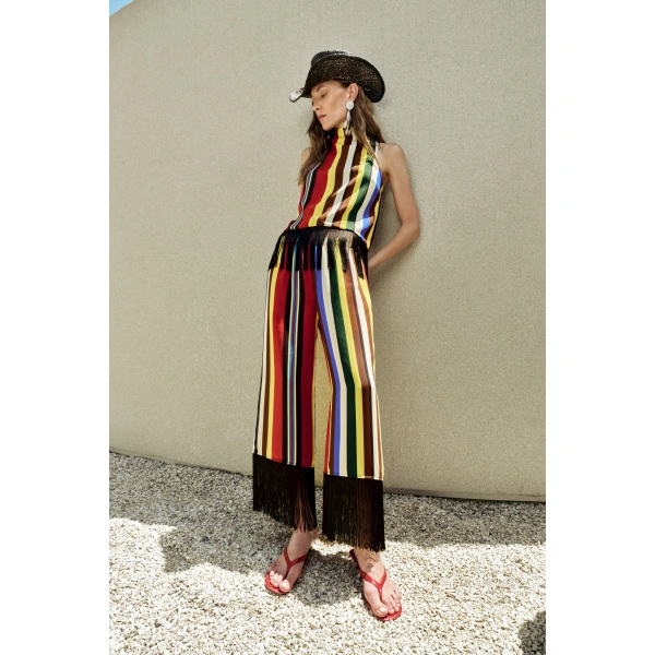 Simon Miller Nella Crepe Fringe Pant in Primary Stripe | Wide-Leg Pants | Coveti