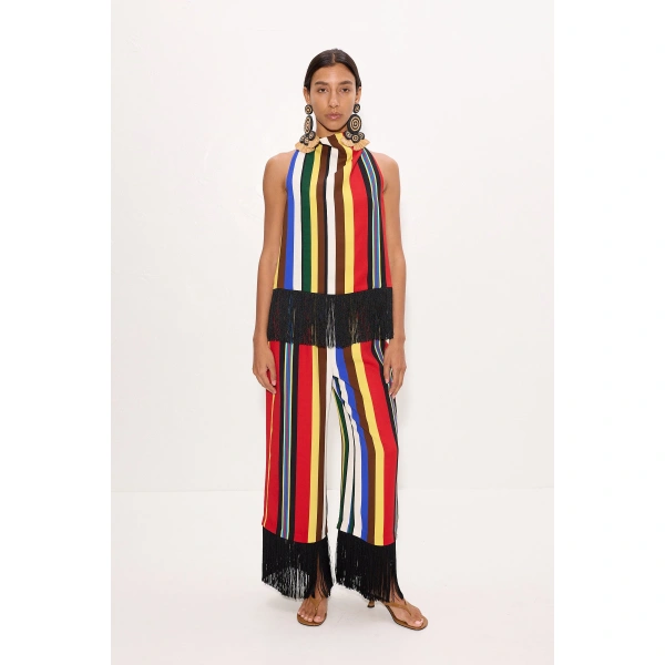Simon Miller Nella Crepe Fringe Pant in Primary Stripe | Wide-Leg Pants | Coveti