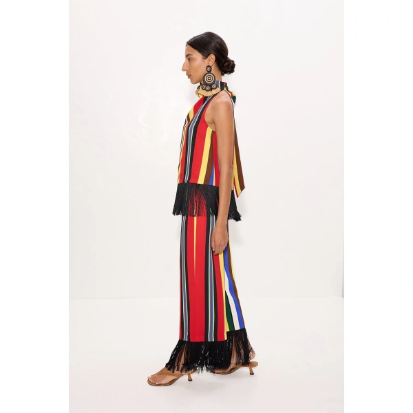 Simon Miller Nella Crepe Fringe Pant in Primary Stripe | Wide-Leg Pants | Coveti