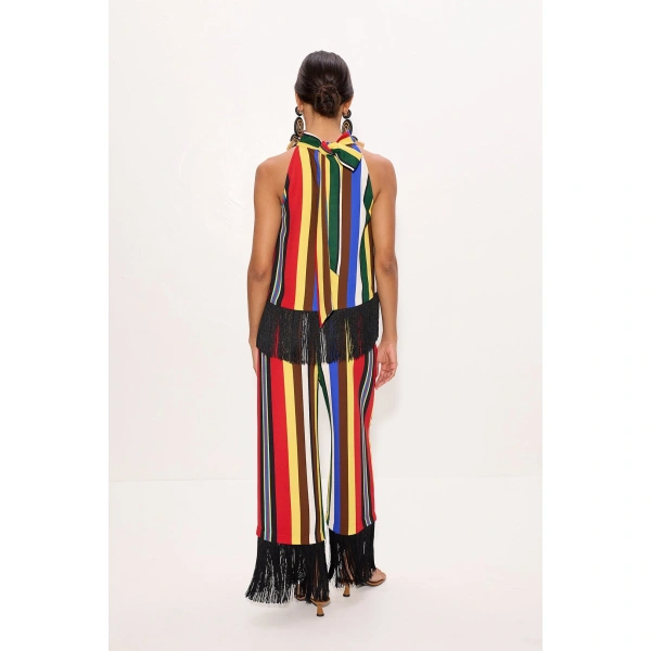 Simon Miller Nella Crepe Fringe Pant in Primary Stripe | Wide-Leg Pants | Coveti