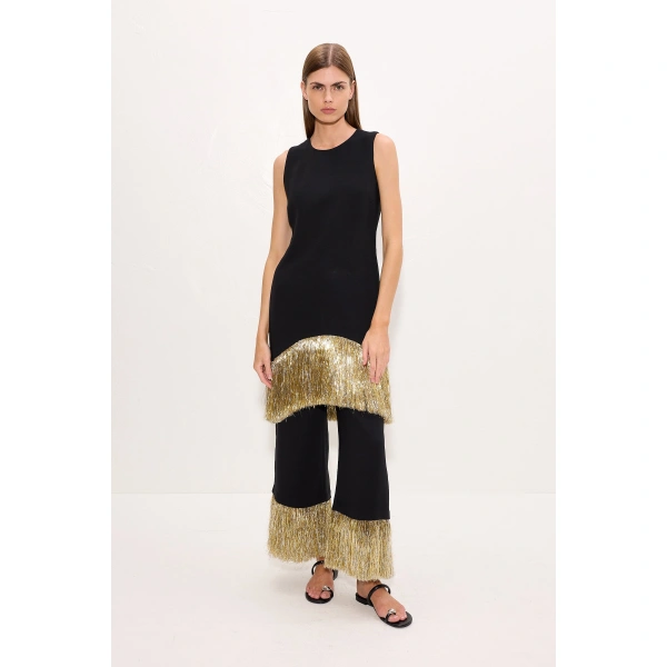 Simon Miller Nella Fringe Pant in Black Tinsel | Wide-Leg Pants | Coveti