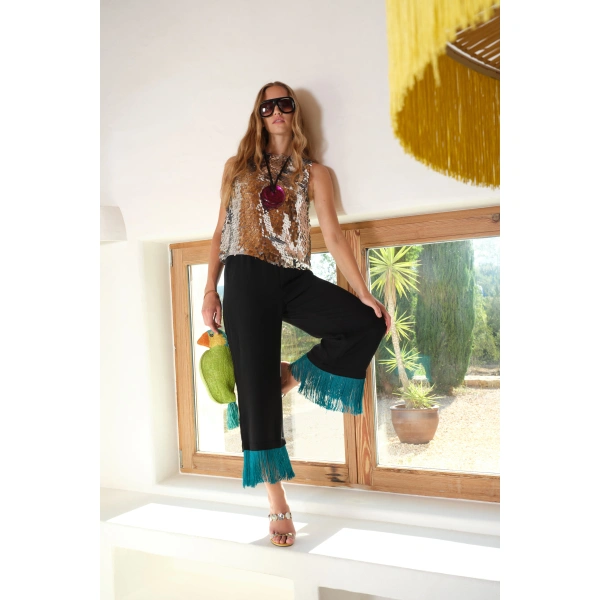 Simon Miller Nella Fringe Pant in Black and Teal | Wide-Leg Pants | Coveti