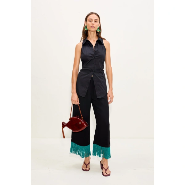 Simon Miller Nella Fringe Pant in Black and Teal | Wide-Leg Pants | Coveti