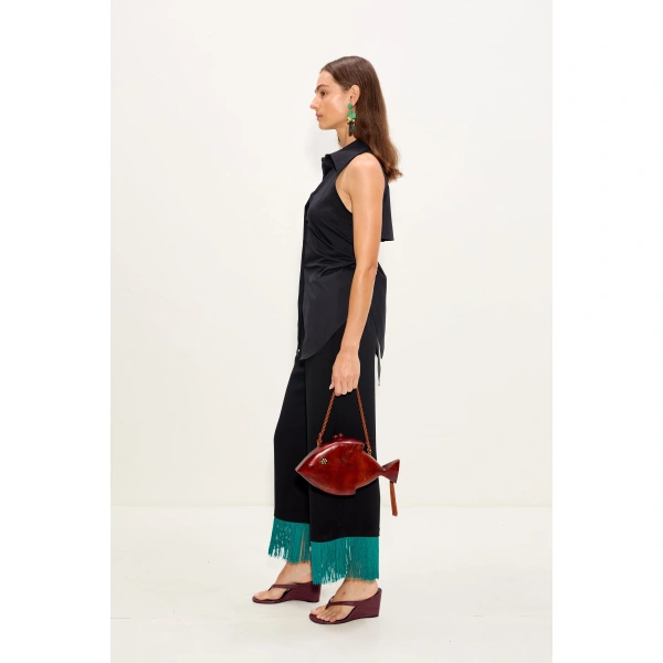 Simon Miller Nella Fringe Pant in Black and Teal | Wide-Leg Pants | Coveti