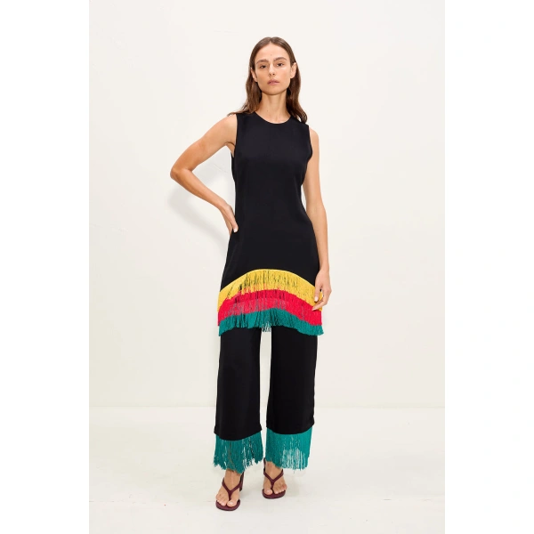Simon Miller Nella Fringe Pant in Black and Teal | Wide-Leg Pants | Coveti