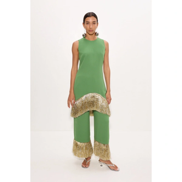 Simon Miller Nella Fringe Pant in Spruce Green | Wide-Leg Pants | Coveti