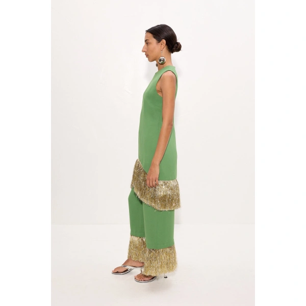 Simon Miller Nella Fringe Pant in Spruce Green | Wide-Leg Pants | Coveti
