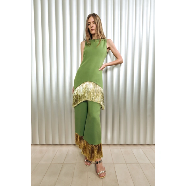 Simon Miller Nella Fringe Pant in Spruce Green | Wide-Leg Pants | Coveti