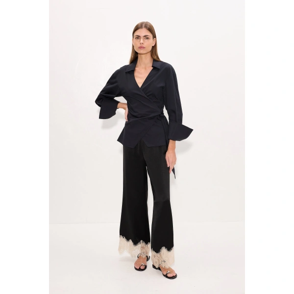 Simon Miller Nella Satin Lace Pant in Black and Bone | Wide-Leg Pants | Coveti