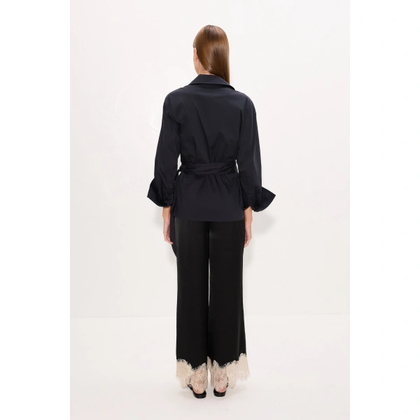 Simon Miller Nella Satin Lace Pant in Black and Bone | Wide-Leg Pants | Coveti