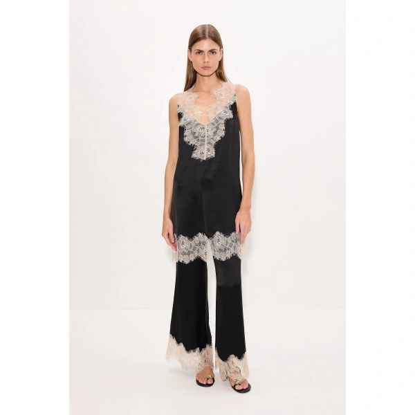 Simon Miller Nella Satin Lace Pant in Black and Bone | Wide-Leg Pants | Coveti