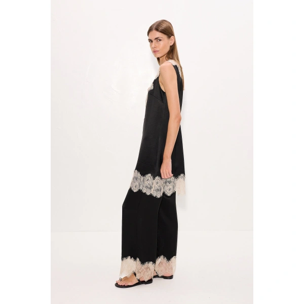 Simon Miller Nella Satin Lace Pant in Black and Bone | Wide-Leg Pants | Coveti