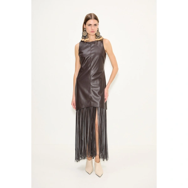 Simon Miller Nora Vegan Leather Fringe Dress in Dark Choco Brown | Midi Dresses | Coveti
