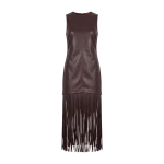 Simon Miller Nora Vegan Leather Fringe Dress in Dark Choco Brown | Midi Dresses | Coveti