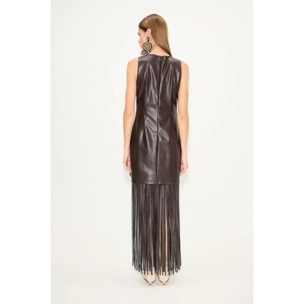 Simon Miller Nora Vegan Leather Fringe Dress in Dark Choco Brown | Midi Dresses | Coveti