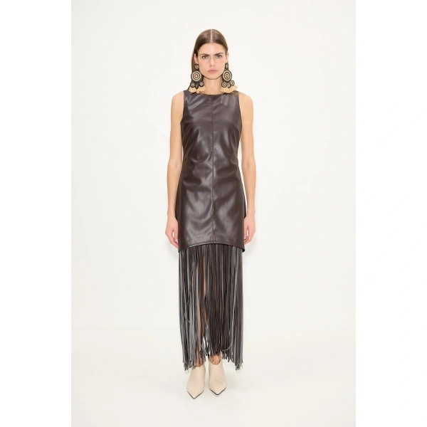 Simon Miller Nora Vegan Leather Fringe Dress in Dark Choco Brown | Midi Dresses | Coveti