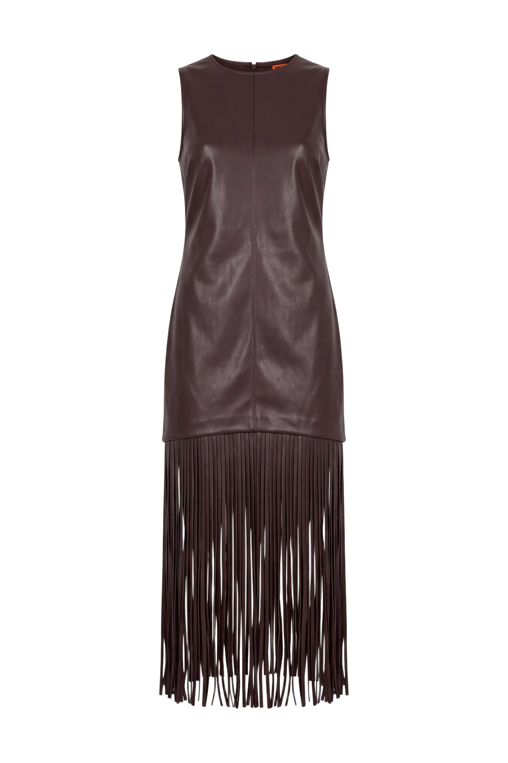 Simon Miller Nora Vegan Leather Fringe Dress in Dark Choco Brown Simon Miller Nora Vegan Leather Fringe Dress in Dark Choco Brown | Midi Dresses | Coveti