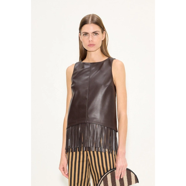Simon Miller Nora Vegan Leather Fringe Top in Dark Choco Brown | Sleeveless Tops | Coveti