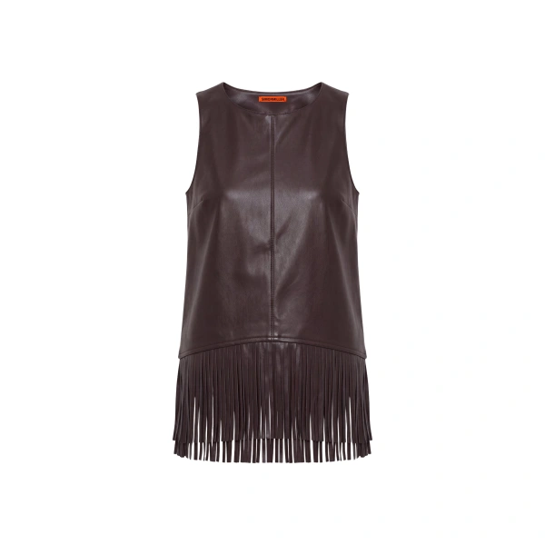Nora Vegan Leather Fringe Top in Dark Choco Brown