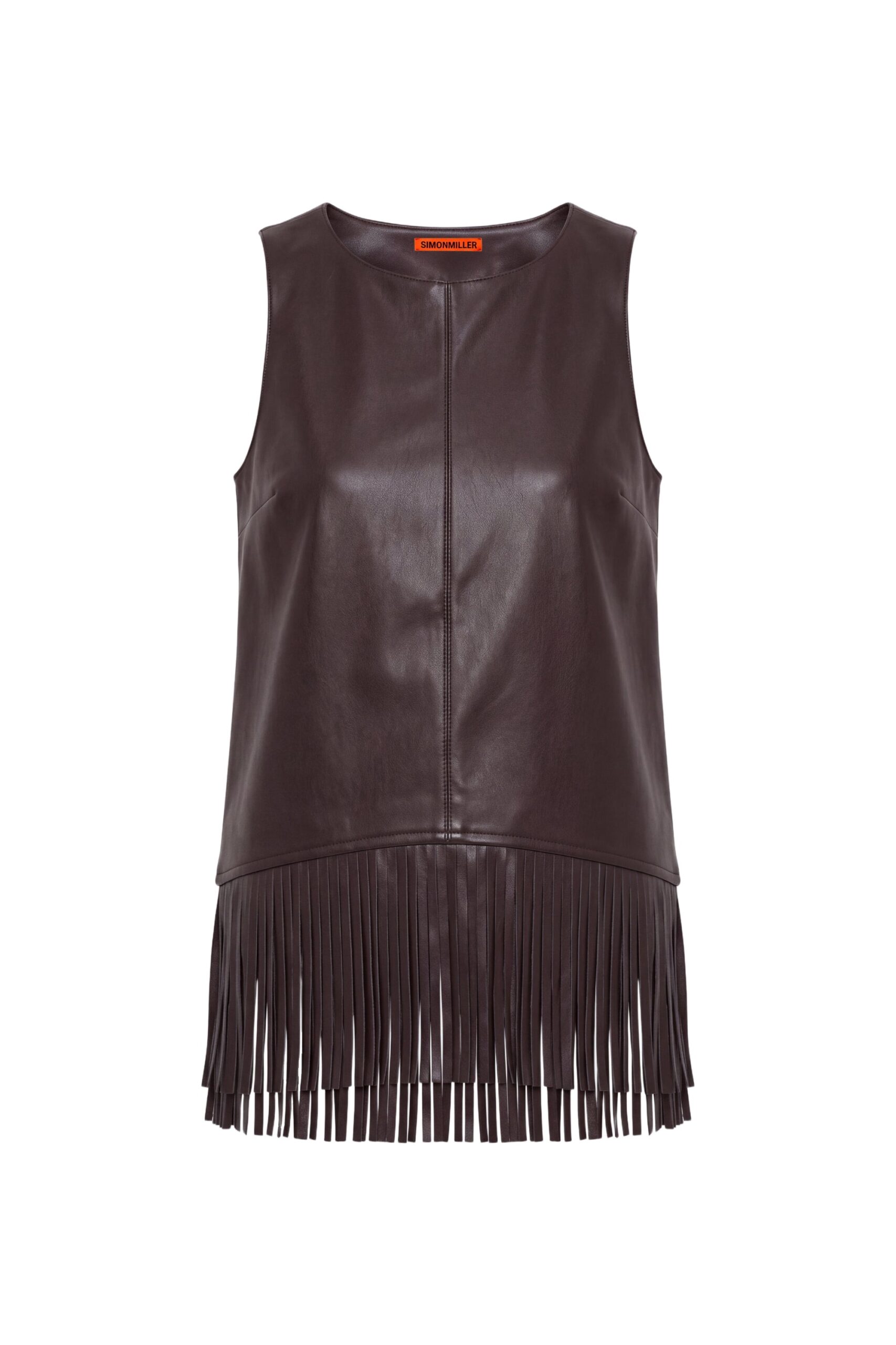 Simon Miller Nora Vegan Leather Fringe Top in Dark Choco Brown Simon Miller Nora Vegan Leather Fringe Top in Dark Choco Brown | Sleeveless Tops | Coveti