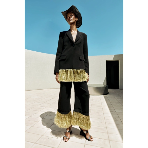 Simon Miller Odette Crepe Fringe Blazer in Black Tinsel | Blazers | Coveti