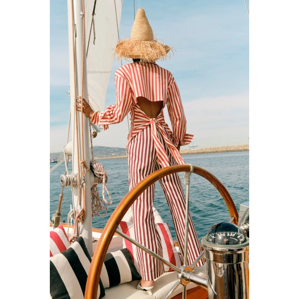Simon Miller Pia Poplin Pant in Bordeaux Stripe | Wide-Leg Pants | Coveti