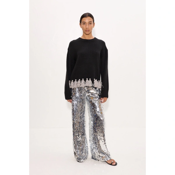 Simon Miller Roni Metallic Tassel Sweater in Black and Satellite Silver | Sweaters | Coveti
