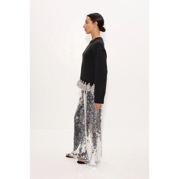 Simon Miller Roni Metallic Tassel Sweater in Black and Satellite Silver | Sweaters | Coveti