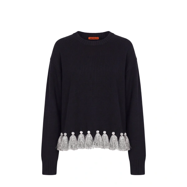 Simon Miller Roni Metallic Tassel Sweater in Black and Satellite Silver | Sweaters | Coveti