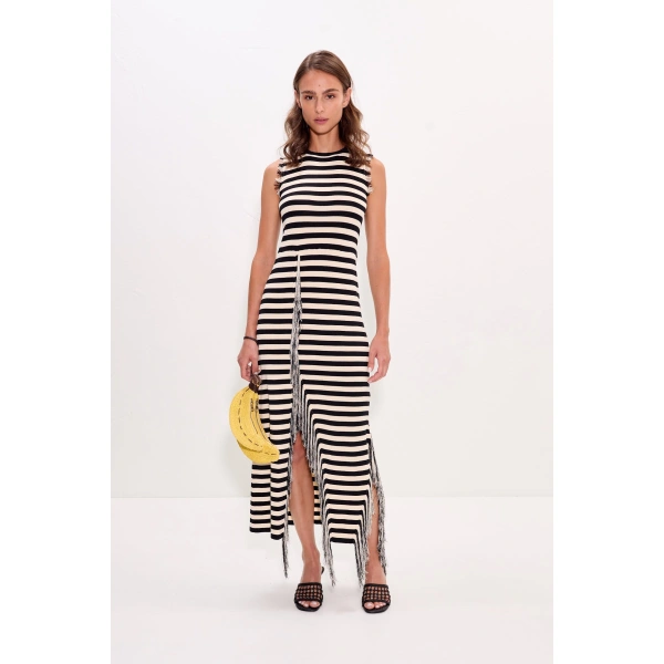 Simon Miller Sabine Fringe Knit Dress in Black and White Stripe | Maxi Dresses | Coveti