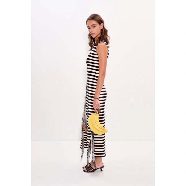 Simon Miller Sabine Fringe Knit Dress in Black and White Stripe | Maxi Dresses | Coveti