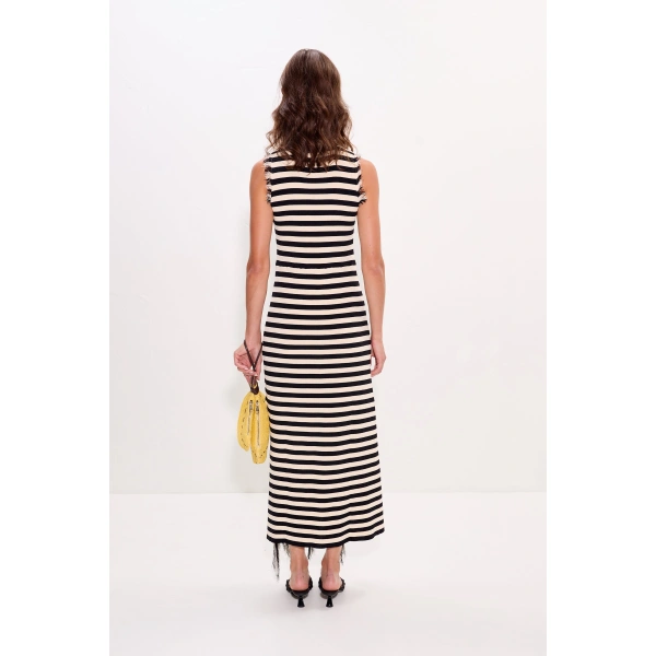 Simon Miller Sabine Fringe Knit Dress in Black and White Stripe | Maxi Dresses | Coveti