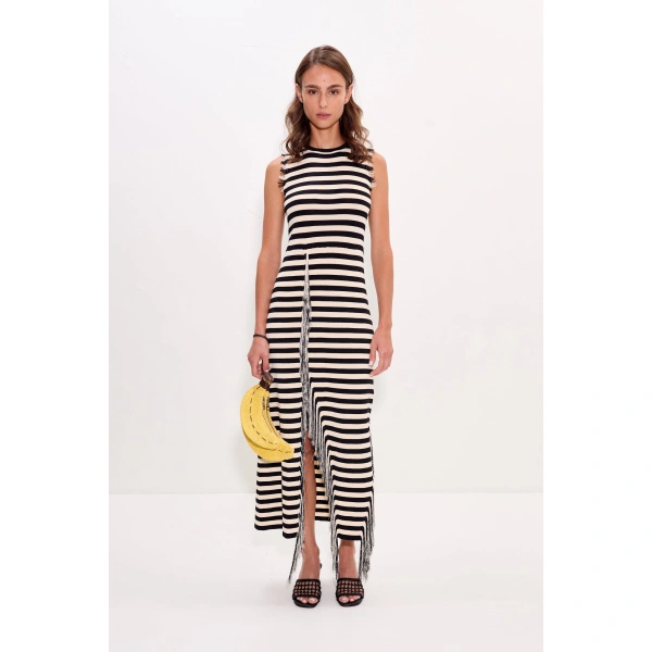 Simon Miller Sabine Fringe Knit Dress in Black and White Stripe | Maxi Dresses | Coveti