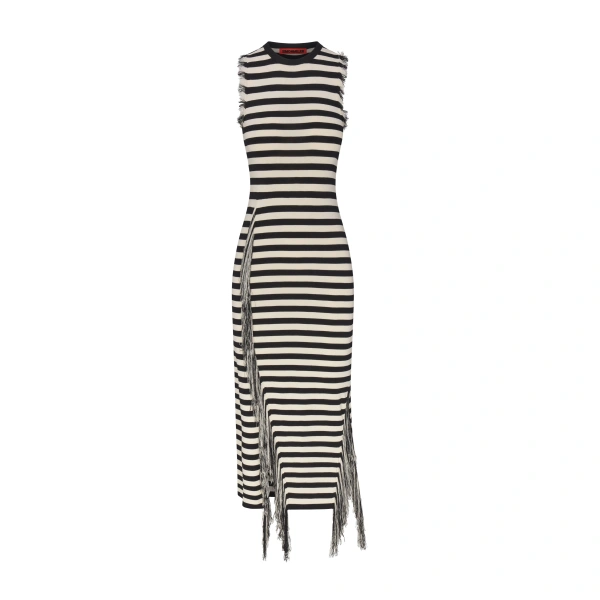 Sabine Fringe Knit Dress in Black and White Stripe