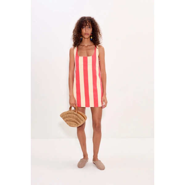 Simon Miller Sahara Mini Dress in Venetian Red Stripe Denim | Mini Dresses | Coveti