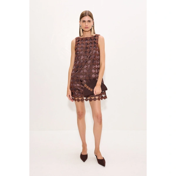 Simon Miller Sina Crochet Mini Dress in Copper and Choco Brown | Mini Dresses | Coveti