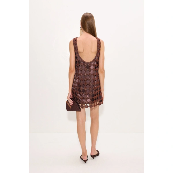 Simon Miller Sina Crochet Mini Dress in Copper and Choco Brown | Mini Dresses | Coveti