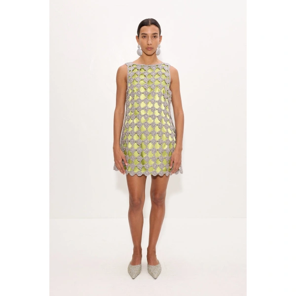 Simon Miller Sina Crochet Mini Dress in Moss and Satellite Silver | Mini Dresses | Coveti